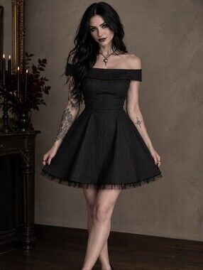 Vintage Morbid Threads Pinstripe Tulle Mall Goth Dress Off Shoulder S Hot Topic